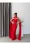 Red Strapless Floral Stone Embroidered Long Evening Dress with Shawl Detail - 2