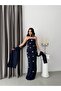 Navy Blue Strapless Floral Stone Embroidered Long Evening Dress with Shawl Detail - 4