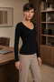 Women's Black V-Neck Long Sleeve Slim Fit Basic Blouse 2200 - 7