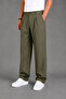 Men's Khaki Modern Cut Pleated Wide Leg Fabric Trousers - 3