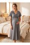 New Season Smoked Melange Flounced Full Length Easy Breastfeeding Design Short Sleeve Maternity Nightgown Set - 7