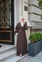 Women's Ribbon Stone Detail Waist Tie Ruffled Sleeves Tulle Long Abaya Brown - 4