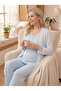 Blue Striped Dressing Gown, Short Sleeve, Buttoned, Lace, Maternity Pajamas, 3-Piece Set - 3