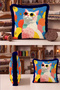 Colorful Cat Figured Pop Art Fringed Pillowcase - Fun Pink Navy Blue Tassel Throw Pillow Cover - 2