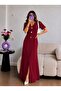 Burgundy Gold Buttoned Slit V-Neck Long Dress - 3