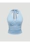 Light Blue Halter Neck Crop Blouse, Women's Halter Neck Crop Blouse, Summer Baby Blue Crop - 3
