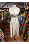Ecru Color V-Neck Italian Linen Dress with Rope Detail at the Waist and Pockets - 8