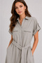 Women's Gray Poplin Belted Midi Length Bohemian Shirt Dress with Pockets Short Sleeve Casual Office - 3