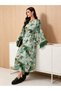 Green Printed Maxi Dress With Faux Feather Trim - 3