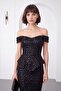 Women's Black Boat Neck Long Sequin Fishnet Evening Dress - 3