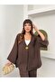 Single Gold Button V-Neck Wide Sleeve Wrinkled Textured Kimono Trouser Set 9110 - Brown - 6