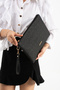 Black Linen Look Women's Faux Leather Tablet Size Clutch Bag with Wrist Strap - 2