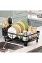 Dish Drying Rack,Drainboard Deflector Design with Utensil Holder and Knife Slot,Dish Storage Basket for Kitchen/Dining Room(Black)