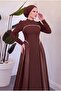 Pearl Detailed Crepe and Satin Combination Flared Hijab Evening Dress - 4
