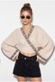 Women's Beige Black Embroidered Lace-Up Detailed Wide Sleeve Muslin Kimono Blouse 7014 60283386 - 4