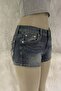 Washable Denim Fabric Stoned Skull Wings Mini Shorts - 4