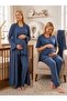 New Season Navy Blue Double-Breasted Collar Design Short Sleeve Flounce 100% Cotton Maternity Long Dressing Gown Pajama Set - 3
