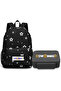 2- Piece School Bag Combo Set Specious Stars Printed Backpack & Matching Multi Compartment Lunch Box, Charcoal Black
