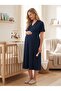 New Season Navy Blue Double-Breasted Collar Breastfeeding Detailed Design Short Sleeve 100% Cotton Maternity Nightgown - 4