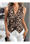Women's Strappy V-Neck Front Buttoned Leopard Patterned Atlas Jacket