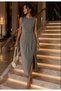 Women's Pique Textured Modal Sleeveless Waist Gathered Gold Brooch Slit Elegant Midi Dress - 3