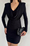 Black Women's Degaje Collar Side Ruffle Detailed Evening Dress