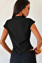 Women's Stand Collar Buckle Detailed Belted Black Blouse - 4