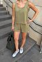 Khaki Thick Strap Draped Crop-Waist Elastic Pocket Shorts Women's Model Top and Bottom Set - 5
