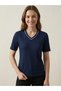 Luxury Gold Series |   Luxury V-Neck Contrast White Piping Detailed Italian Ribbed Women's T-Shirt - Navy Blue - 4