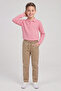 Boy's Pink Long Sleeve Polo Collar T-Shirt Beige Ribbed Waist Canvas School Pants Bottom - Top Set School Outfit - 2