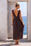 Brown Double-Breasted Collar Sleeveless Robe with Elastic Shoulder Gathering Casual Muslin Long Woven Dress 120 52 - 8