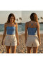 Women's Knitwear Thin Cross Strap Strapless Blue Color Blouse Bb2754 - 3