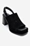 Penvia Black Suede Genuine Leather Women's Thick Heeled Sandals - 3
