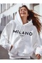 Women's White Milano Printed 3 Thread Hooded Hoodie Sweatshirt