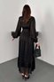 Women's Black Judge Collar Buttoned Waist Gathered Balloon Sleeve Lined Midi Dress - 5