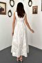 Women's White Midi Dress with Floral Embroidery, Belted, Gathered, Lined, A-Line - 5
