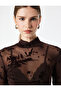 Slim Fit High Neck Long Sleeve Floral Tulle Blouse - 2