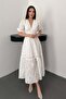 Women's Ecru Ruched Detailed Lace Brode Dress - 2