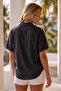 Black Shirt Collar Short Sleeve Buttoned Embroidered Hem Tie-Up Casual Cotton Crop Woven Blouse 55 63 - 7