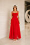 Women's Red Thin Strap Draped Gathered Tulle Detailed Long Evening Dress - 4