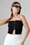 Slim Fit Jacquard Vienna Front 4-Button Women's Strapless Crop Tank Top 22057 Black - 3