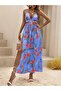 Women's Halter Neck V-Neck Slit Long Patterned Single Jersey Dress with Rope Straps - 2
