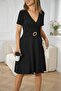 Women's Short Sleeve Double-Breasted Collared Front Buckle Detail Short Viscose Dress - 2