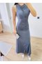 Women's Smoked Sleeveless Front Gathered Drape Detailed Crew Neck Slim Fit Lycra Midi Dress - 2