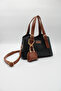 Women's Black Tan Crossbody Hand and Shoulder Bag with Front Accessory Detail and Charm Accessory