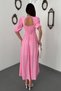 Women's Pink Polka Dot V-Neck Gipeli Balloon Sleeve Slit Midi Dress - 5