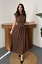 Women's Brown Skirted Jumpsuit Dress Round Neck Gathered Waist Midi Flowy