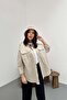 Women's Beige Gabardine Shirt Oversized Cut Long Sleeve Double Pockets Buttoned - 2