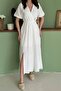 Women's White Double-Breasted Collar Belted Slit Short Sleeve Muslin Maxi Dress - 4