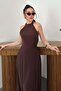 Women's Brown Halter Neck Sleeveless Lined Waist-Fitted Long Flared Dress - 3